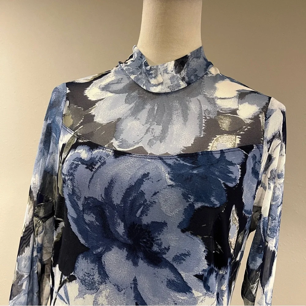 Enfocus Studio Blue Floral Mock-Neck Long Sleeve Midi Dress size 10‎